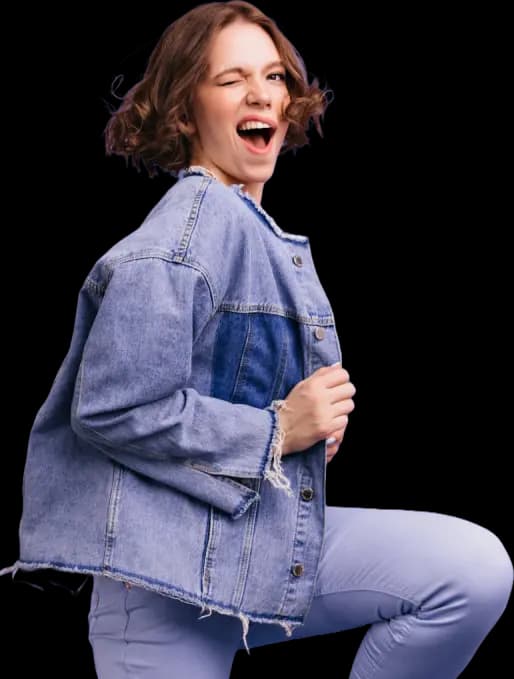 Smiling customer wearing a denim jacket